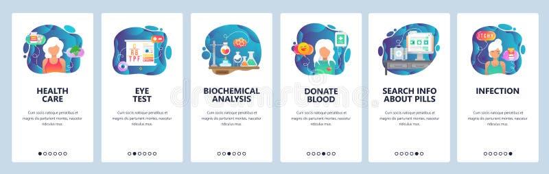 Экраны мобильного приложения onboarding Результаты здравоохранения, болезни, лаборатории и анализа крови, инфекция, пожертвование иллюстрация штока